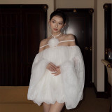 Summer Floral Tassel Mesh Halter Off-Shoulder Lantern Sleeve Mini Dress