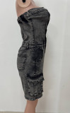 Women's Strapless Button Pocket Denim Jumpsuit