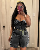 Women's Strapless Button Pocket Denim Jumpsuit