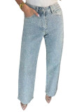 Crystal Wash Denim High-Waist Straight Leg Jeans