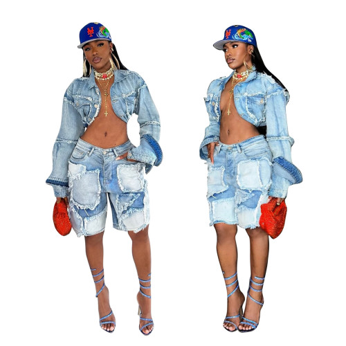 Washed Patchwork Denim Two Piece Shorts Set for Women
