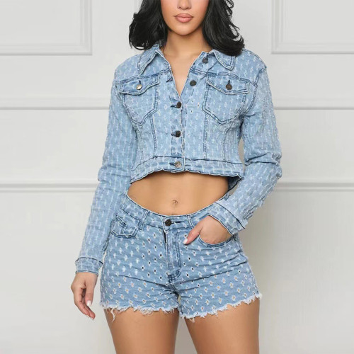 Vintage Distressed Denim Shorts Set