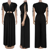 Minimalist V-Neck Tie-Waist Wide-Leg Jumpsuit