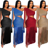 One-Shoulder Fringe Maxi Dress