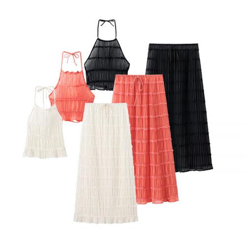 Pleated Backless Halter Neck Ruched Maxi Dress Set