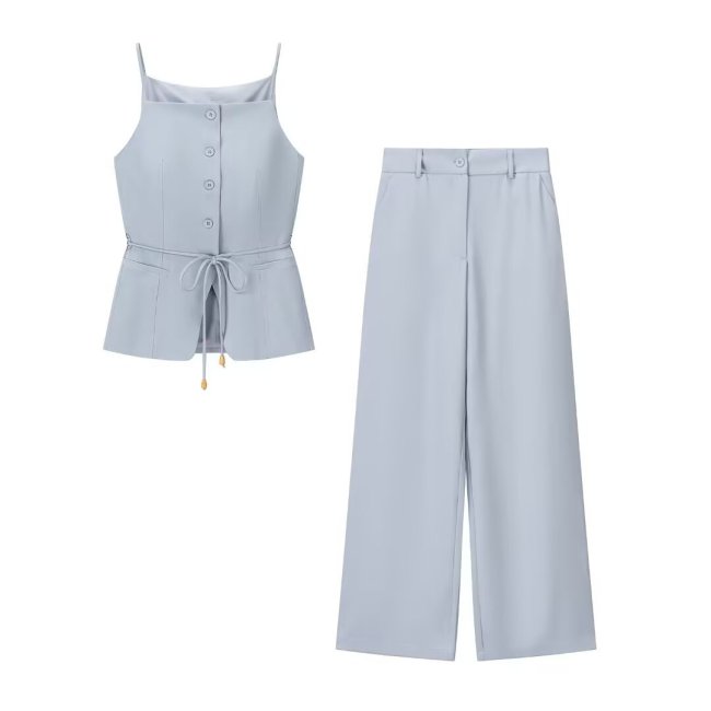 Beaded Waist Accent Vest with High-Waisted Straight Leg Trousers