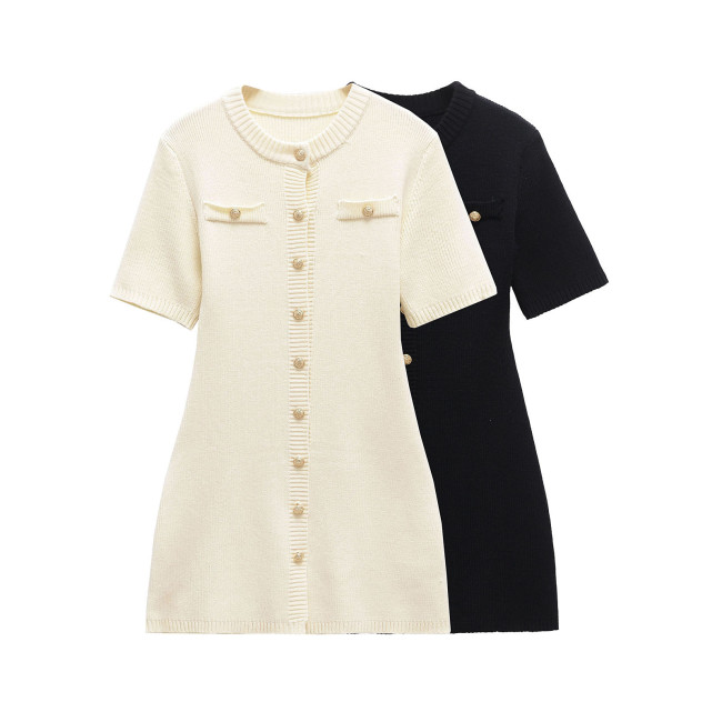 Button-Accent Knit Midi Dress