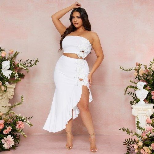 Ruffled Strapless Two-Piece Slit Ensemble