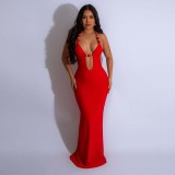 Beaded Deep V-Neck Open-Back Evening Gown