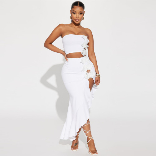 Ruffled Strapless Two-Piece Slit Ensemble