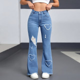 Avant-Garde Heart Distressed Flared Denim Pants
