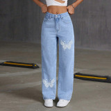 Luxury Rhinestone Butterfly Straight- Denim Jeans