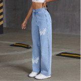 Luxury Rhinestone Butterfly Straight- Denim Jeans