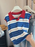 Striped Polo Collar Ice Silk Knit Crop Top