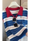 Striped Polo Collar Ice Silk Knit Crop Top