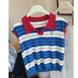 Striped Polo Collar Ice Silk Knit Crop Top