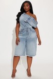 Off-Shoulder Denim Bodysuit Jumpsuit