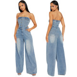 Off-Shoulder Straight-Leg Denim Jumpsuit