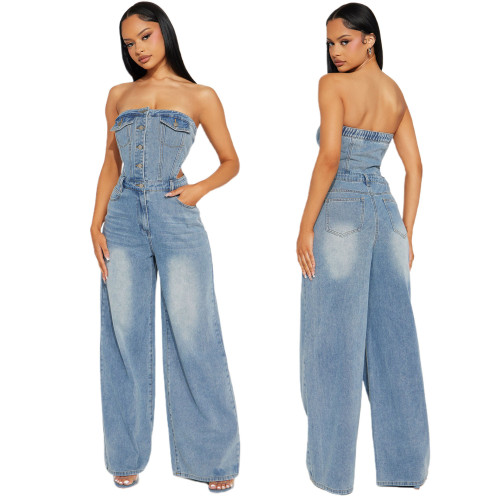 Off-Shoulder Straight-Leg Denim Jumpsuit