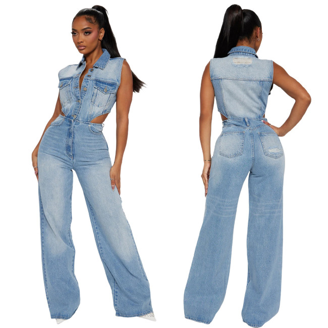 Slim-Fit Stretch Denim Jumpsuit