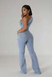 Asymmetric One-Shoulder Washed Denim Flared Jumpsuit