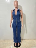 Vintage Street-Style Backless Denim Jumpsuit