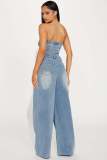 Off-Shoulder Straight-Leg Denim Jumpsuit