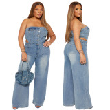 Off-Shoulder Straight-Leg Denim Jumpsuit