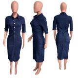 Stretch Denim Bodycon Midi Dress with Button