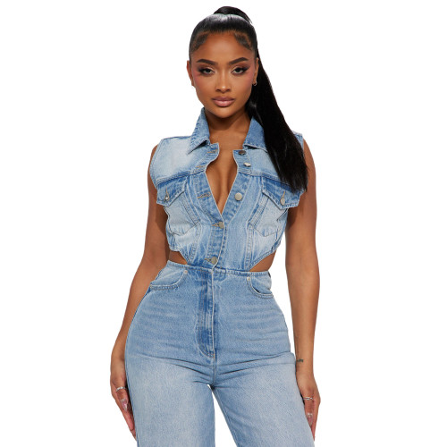 Slim-Fit Stretch Denim Jumpsuit