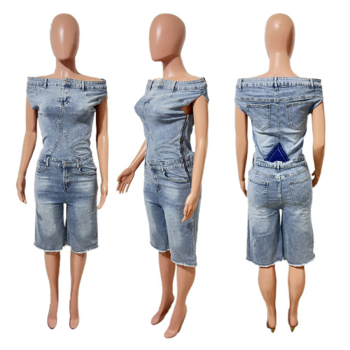 Off-Shoulder Denim Bodysuit Jumpsuit