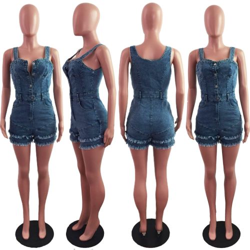 ihoov Distressed Fringe Denim Bodycon Jumpsuit