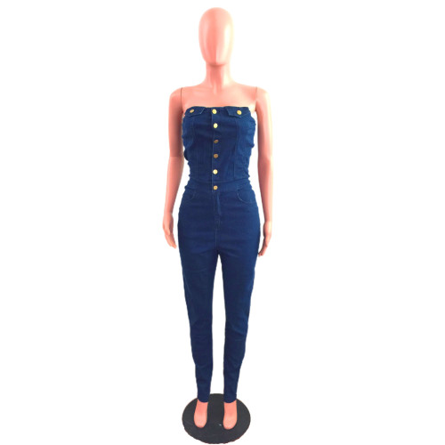 Chic Denim Tube Top Bodycon Jumpsuit
