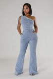 Asymmetric One-Shoulder Washed Denim Flared Jumpsuit