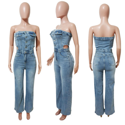 Off-Shoulder Straight-Leg Denim Jumpsuit