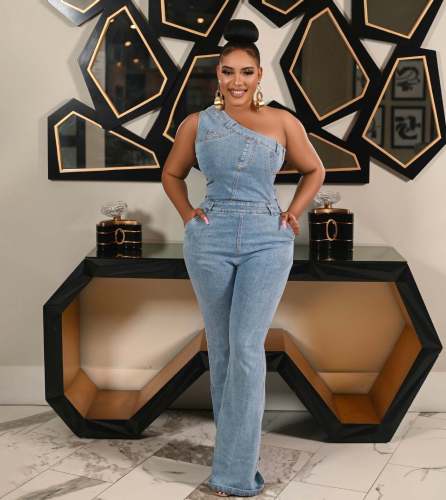 Asymmetric One-Shoulder Washed Denim Flared Jumpsuit