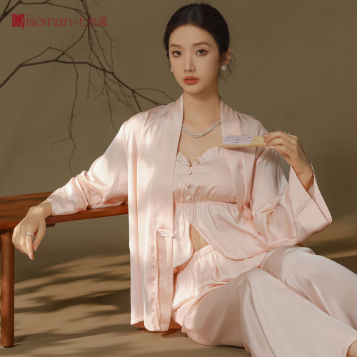 Luxurious Silk-Feel Ice Silk 3-Piece Pajama Set with Camisole