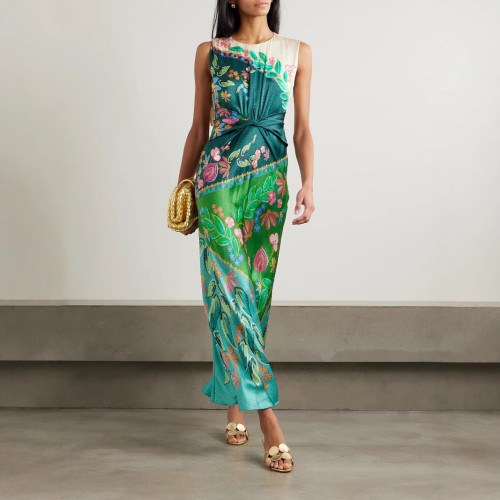 Satin Twist Sleeveless Printed Dress