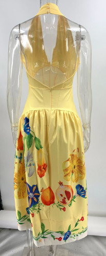 Print Halter Backless Deep V Flowy Maxi Dress