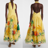 Print Halter Backless Deep V Flowy Maxi Dress