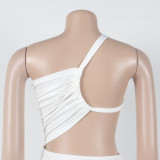 Solid Maxi Dress One Shoulder Pleated Dress