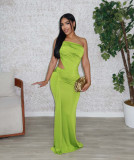 Solid Maxi Dress One Shoulder Pleated Dress