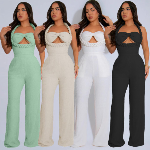 High-Waist Braided Strap Sleeveless Wide-Leg Jumpsuit