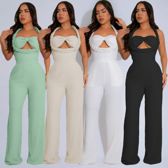 High-Waist Braided Strap Sleeveless Wide-Leg Jumpsuit