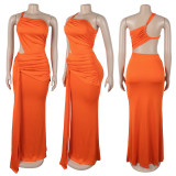 Solid Maxi Dress One Shoulder Pleated Dress