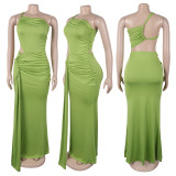 Solid Maxi Dress One Shoulder Pleated Dress