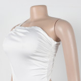 Solid Maxi Dress One Shoulder Pleated Dress