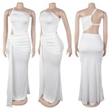 Solid Maxi Dress One Shoulder Pleated Dress