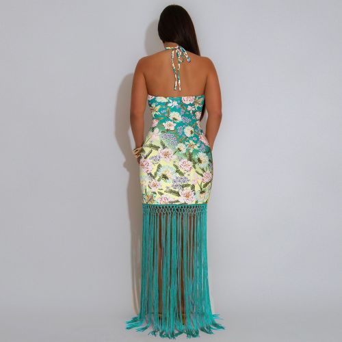 Bohemian Chic Halter Neck Floral Fringe Summer Dress