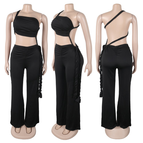 Women Halter Neck Strapless gathered Tie Rope Wide Leg Jumpsuit